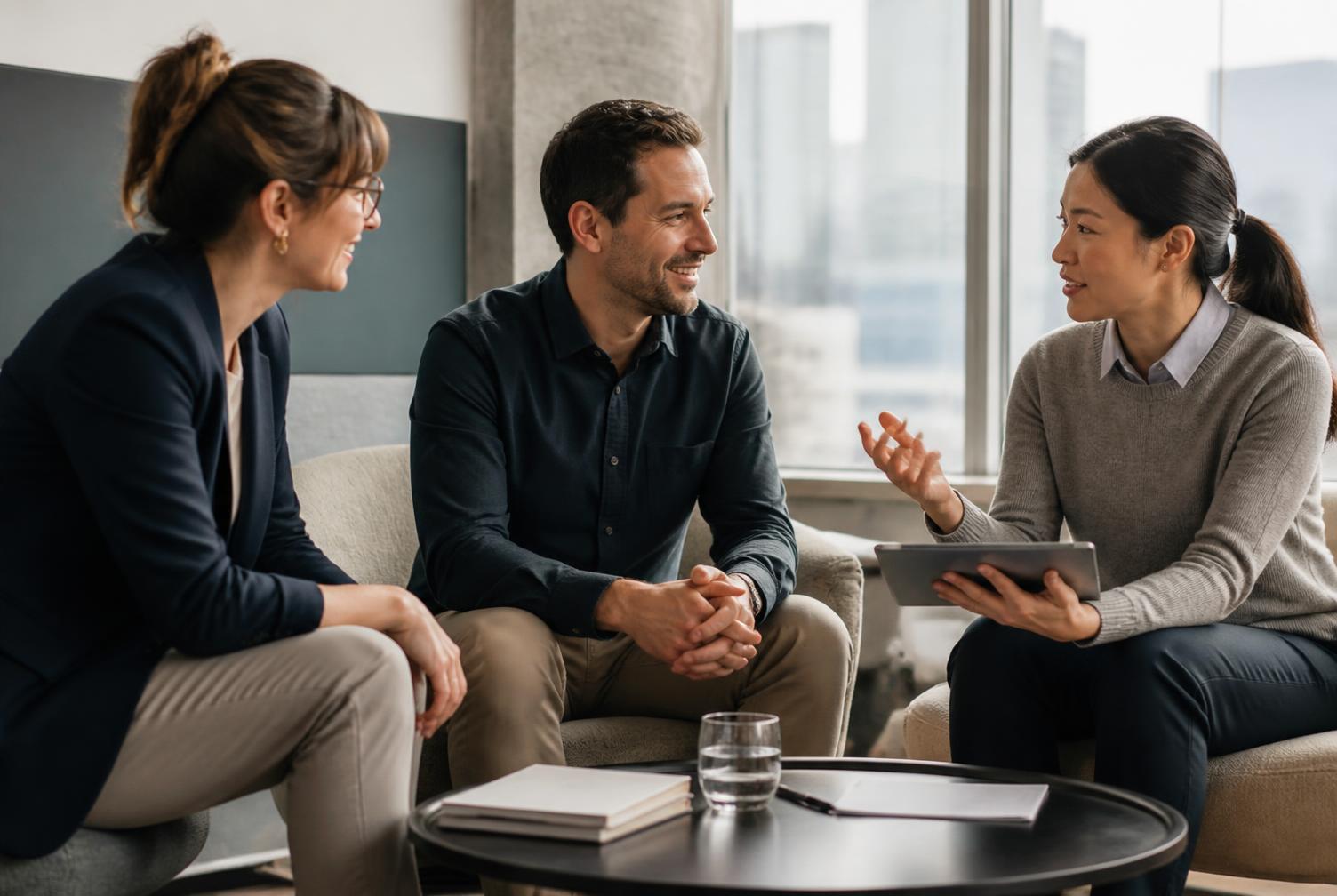Three professionals in smart casual attire having a relaxed conversation in a modern office lounge